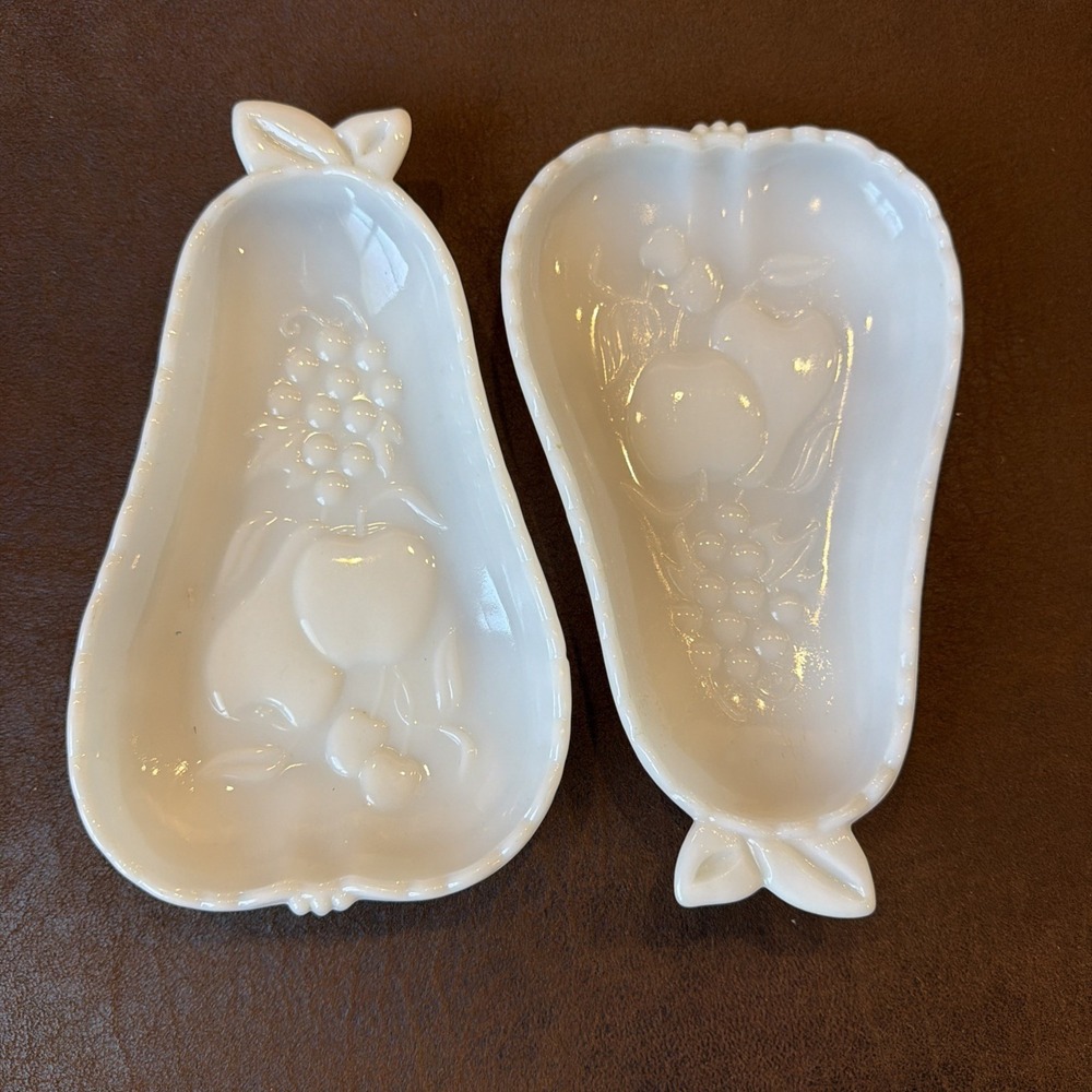 Vintage White Milk Glass Fruit Shaped Relish Celery Dishes Embossed Fruit